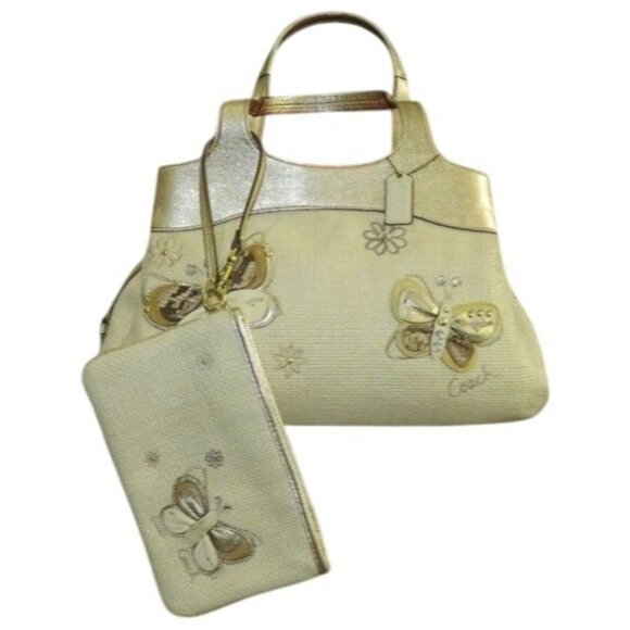 Coach Lexi Cream Silver Metallic Straw Leather Limited Edition Butterfly Bag Set - Picture 1 of 14